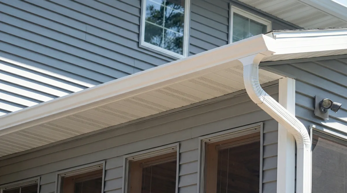 Professional home remodeling project showing newly installed white seamless gutters and downspouts on a house with gray siding in Las Vegas, NV