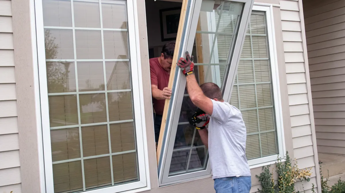 Professional home remodeling team installing a large replacement window on a house with tan siding in Las Vegas, NV